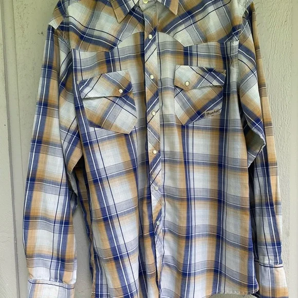 Wrangler Wrancher Pearl Snap Western Shirt Men’s Blue Plaid Size Large Cowboy - Picture 3 of 16
